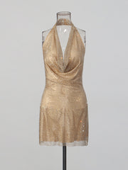Lady's glittering diamond-studded V-neck backless short dress with d�colletage