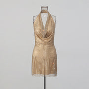 Lady's glittering diamond-studded V-neck backless short dress with d�colletage