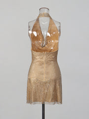 Lady's glittering diamond-studded V-neck backless short dress with d�colletage