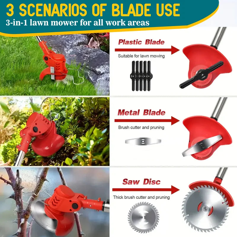 3-in-1 Cordless Electric Weed Trimmer – Brushless Motor, Adjustable Handle & Multi-Blade Kit