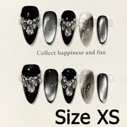 Handmade Almond Nail Art Silver Cat Eye Ink Wash Marble Sparkly Piled Rhinestone Black Chic False Nails Reusable Press on Nails