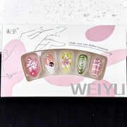 24PCS Tropical Green Polka Dots French False Nails 3D Pink Flowers with Silver Swirl Patterns Almond Press on Nails High Quality