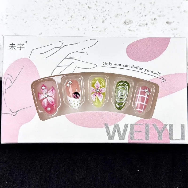 24PCS Tropical Green Polka Dots French False Nails 3D Pink Flowers with Silver Swirl Patterns Almond Press on Nails High Quality