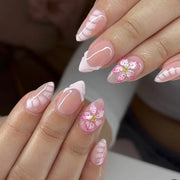 Blue Ink Wash Painting Lycoris Lily Classical Gold Curve Line Finished False Nail Press on Nail Manicure Fake Nail