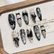 French Hepburn Black Swan Cat Eye Handmade Press On Nails, Vintage Black Bow Rhinestone Long Almond Fake Nails, Reusable Luxury