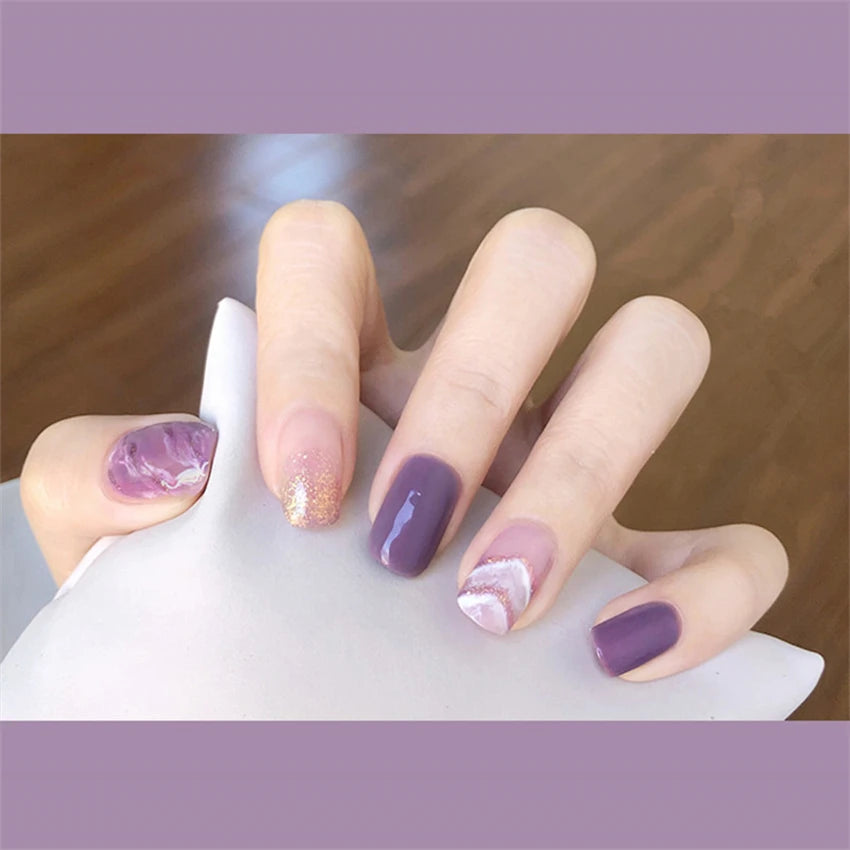 24Pcs/Set Wearing Short Fake Nails for Girls Press on Nail Tips Full Cover Acrylic with Diamonds False Nails Art Free Shipping