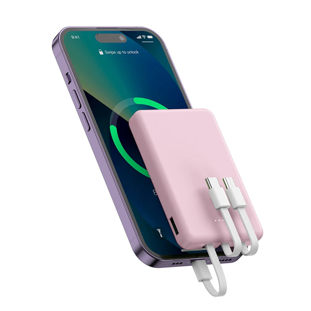 Mini 5000mAh Power Bank – 3 Built-In Charging Cables | Compact Portable Charger