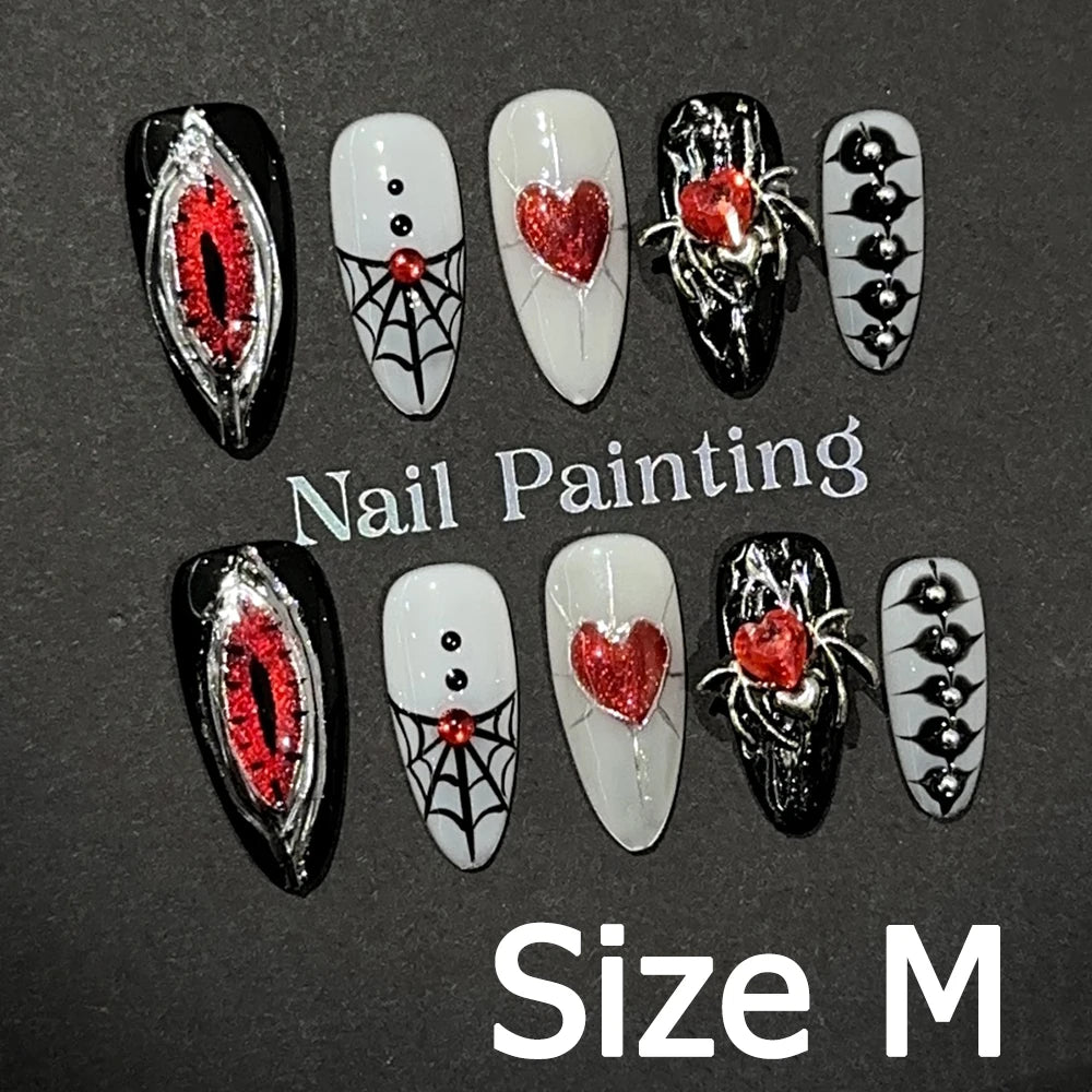 Handmade Almond Nail Art Silver Cat Eye Ink Wash Marble Sparkly Piled Rhinestone Black Chic False Nails Reusable Press on Nails