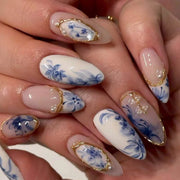 Blue Ink Wash Painting Lycoris Lily Classical Gold Curve Line Finished False Nail Press on Nail Manicure Fake Nail