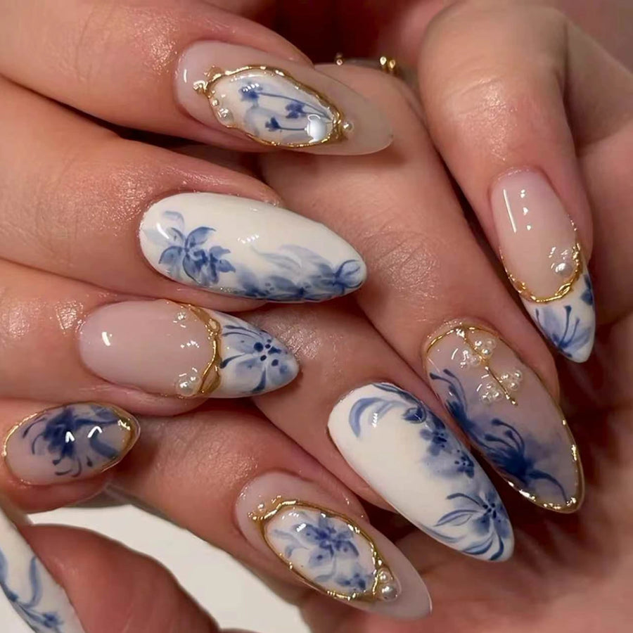 Blue Ink Wash Painting Lycoris Lily Classical Gold Curve Line Finished False Nail Press on Nail Manicure Fake Nail