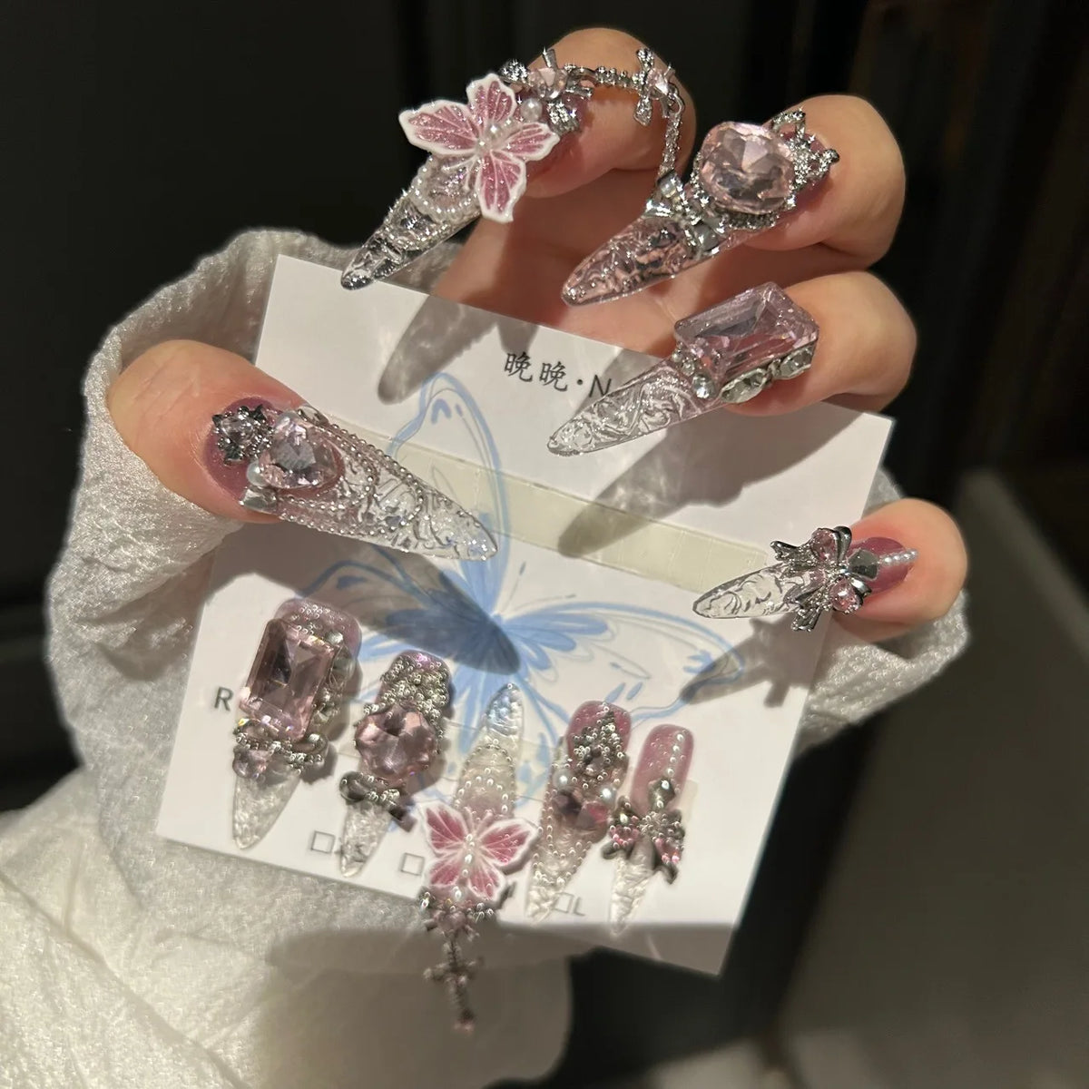 Pink Crystal Butterfly Fairy Press On Nails Heavy Duty Handmade 3D Butterflies Pearl Bows Metal Cross Ideal for Fairy Dresses Li