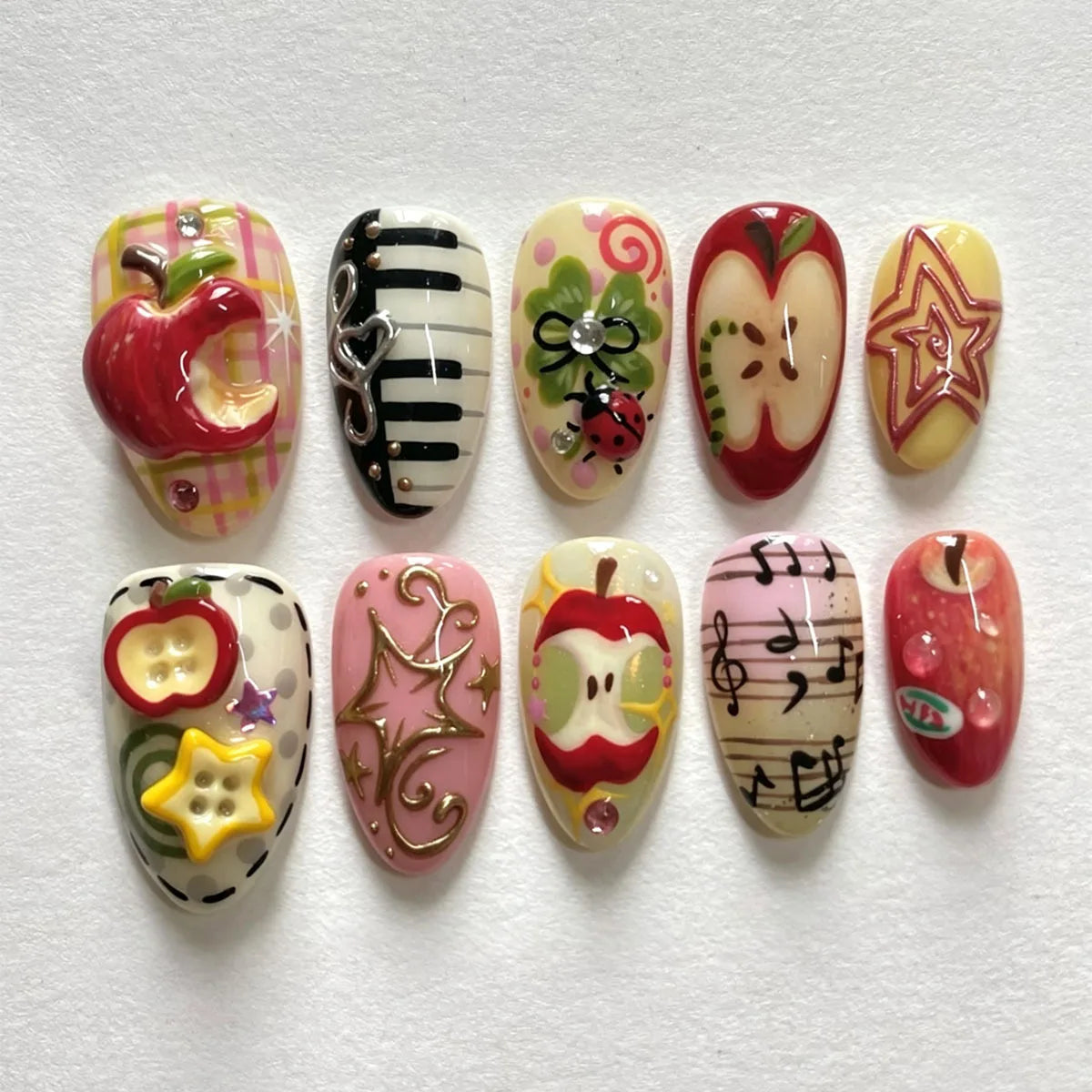 24PCS Pastoral Style Daisies Almond Press on Nails with Glue Sweet Ladybugs Green Plaid Pink Flowers French False Nails Wearable