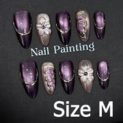 Handmade Almond Nail Art Silver Cat Eye Ink Wash Marble Sparkly Piled Rhinestone Black Chic False Nails Reusable Press on Nails