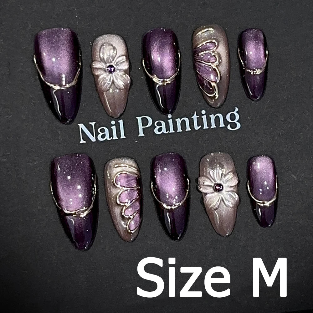 Handmade Almond Nail Art Silver Cat Eye Ink Wash Marble Sparkly Piled Rhinestone Black Chic False Nails Reusable Press on Nails