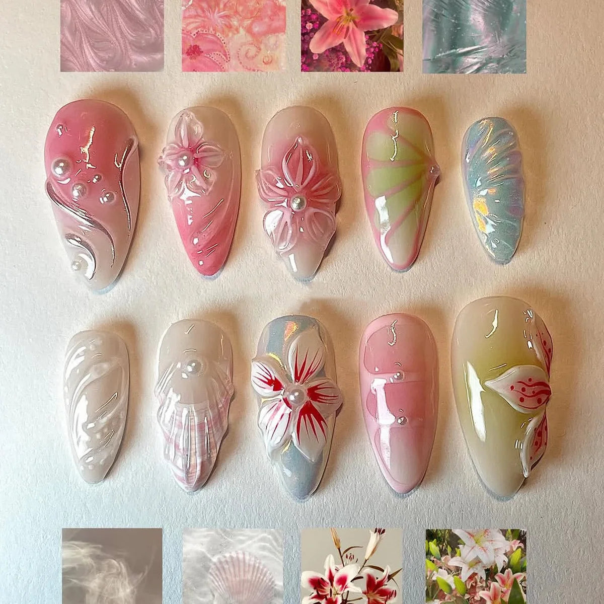 24PCS Tropical Green Polka Dots French False Nails 3D Pink Flowers with Silver Swirl Patterns Almond Press on Nails High Quality