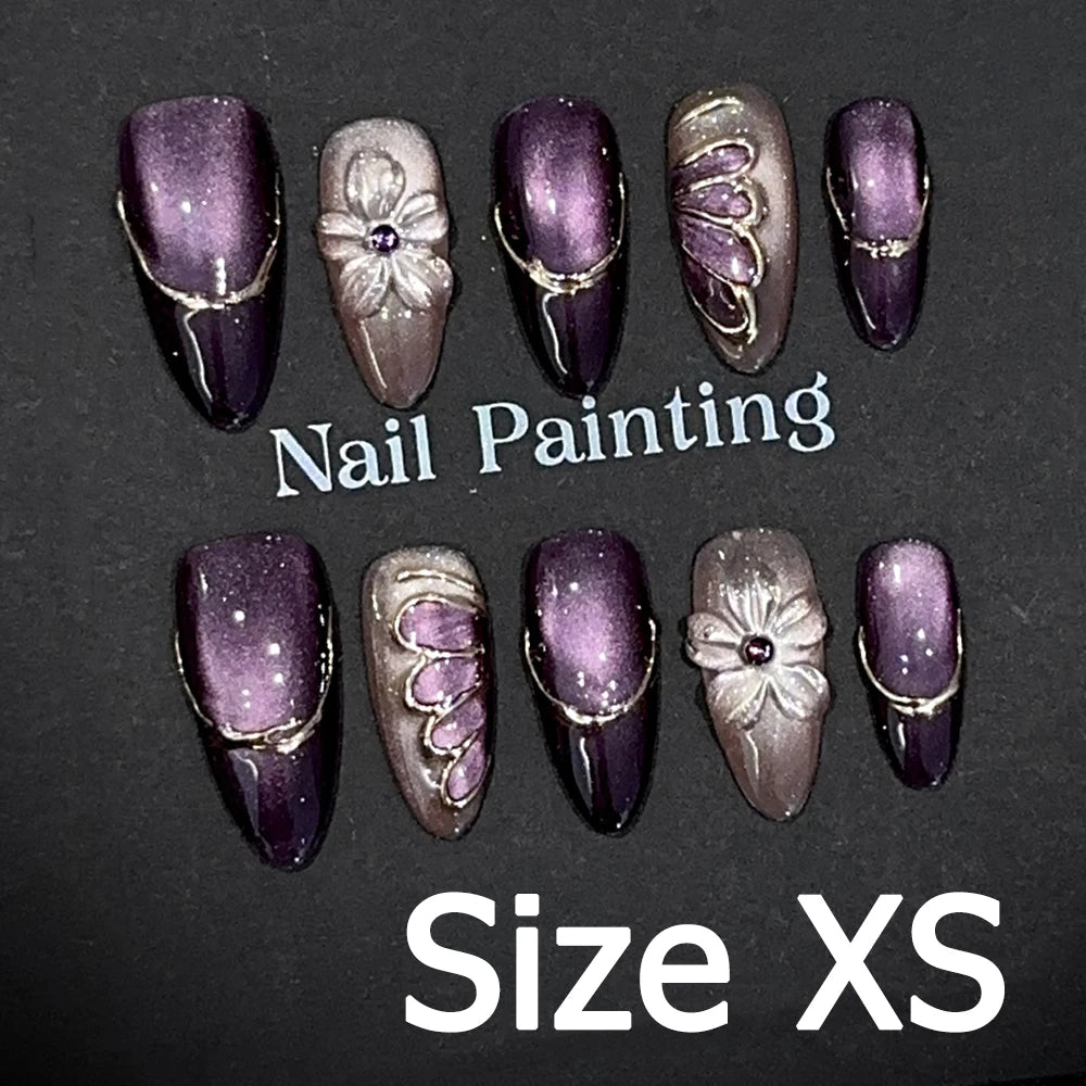 Handmade Almond Nail Art Silver Cat Eye Ink Wash Marble Sparkly Piled Rhinestone Black Chic False Nails Reusable Press on Nails
