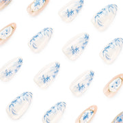 Blue Ink Wash Painting Lycoris Lily Classical Gold Curve Line Finished False Nail Press on Nail Manicure Fake Nail