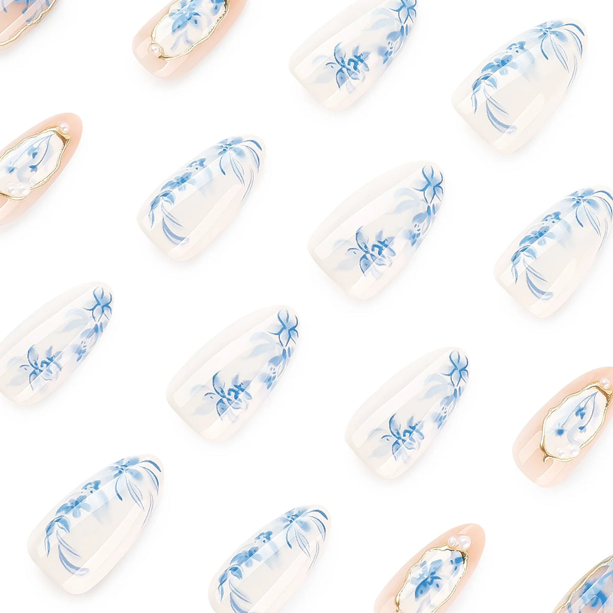 Blue Ink Wash Painting Lycoris Lily Classical Gold Curve Line Finished False Nail Press on Nail Manicure Fake Nail