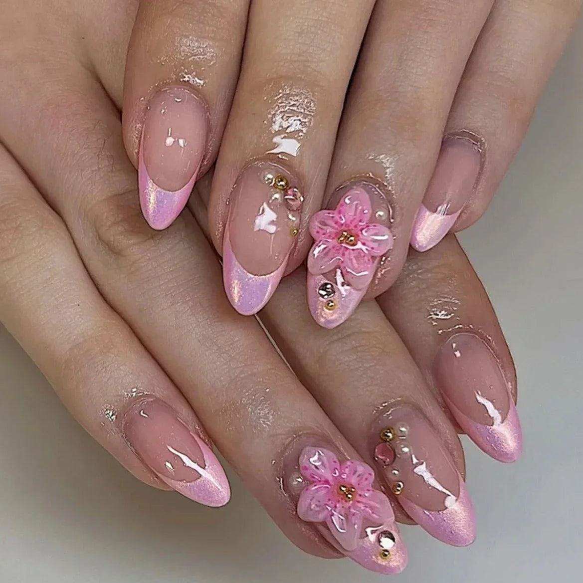 Pink Peach Blossom Polka Dot Lace Gauze Gold Ring Bead Rhinestone Finished False Nail Wearable Press on Nails Manicure Fake Nail