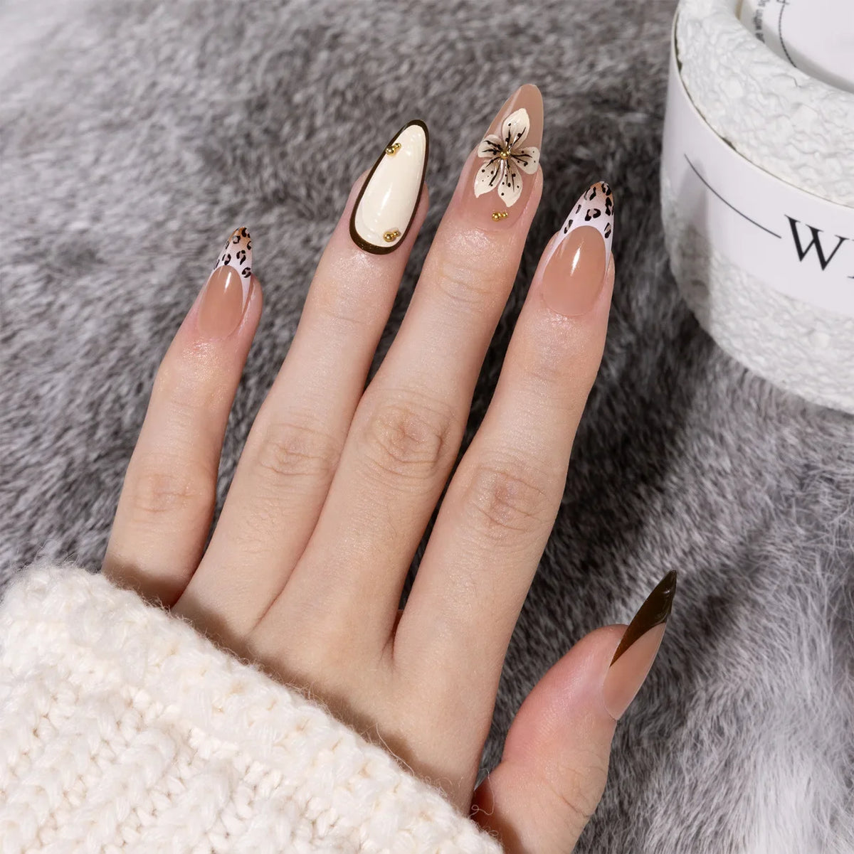 Pink Peach Blossom Polka Dot Lace Gauze Gold Ring Bead Rhinestone Finished False Nail Wearable Press on Nails Manicure Fake Nail