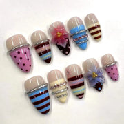 24PCS Tropical Green Polka Dots French False Nails 3D Pink Flowers with Silver Swirl Patterns Almond Press on Nails High Quality