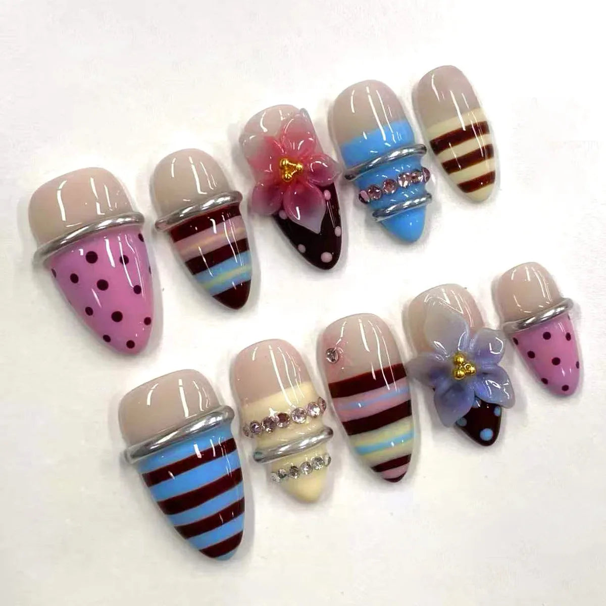 24PCS Tropical Green Polka Dots French False Nails 3D Pink Flowers with Silver Swirl Patterns Almond Press on Nails High Quality