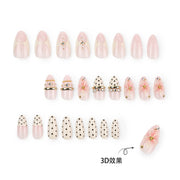 Pink Peach Blossom Polka Dot Lace Gauze Gold Ring Bead Rhinestone Finished False Nail Wearable Press on Nails Manicure Fake Nail