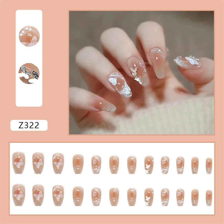 24Pcs/Set Wearing Short Fake Nails for Girls Press on Nail Tips Full Cover Acrylic with Diamonds False Nails Art Free Shipping
