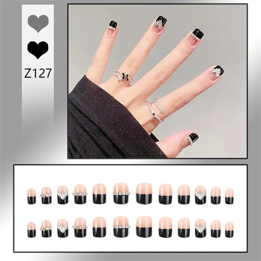 24Pcs/Set Wearing Short Fake Nails for Girls Press on Nail Tips Full Cover Acrylic with Diamonds False Nails Art Free Shipping