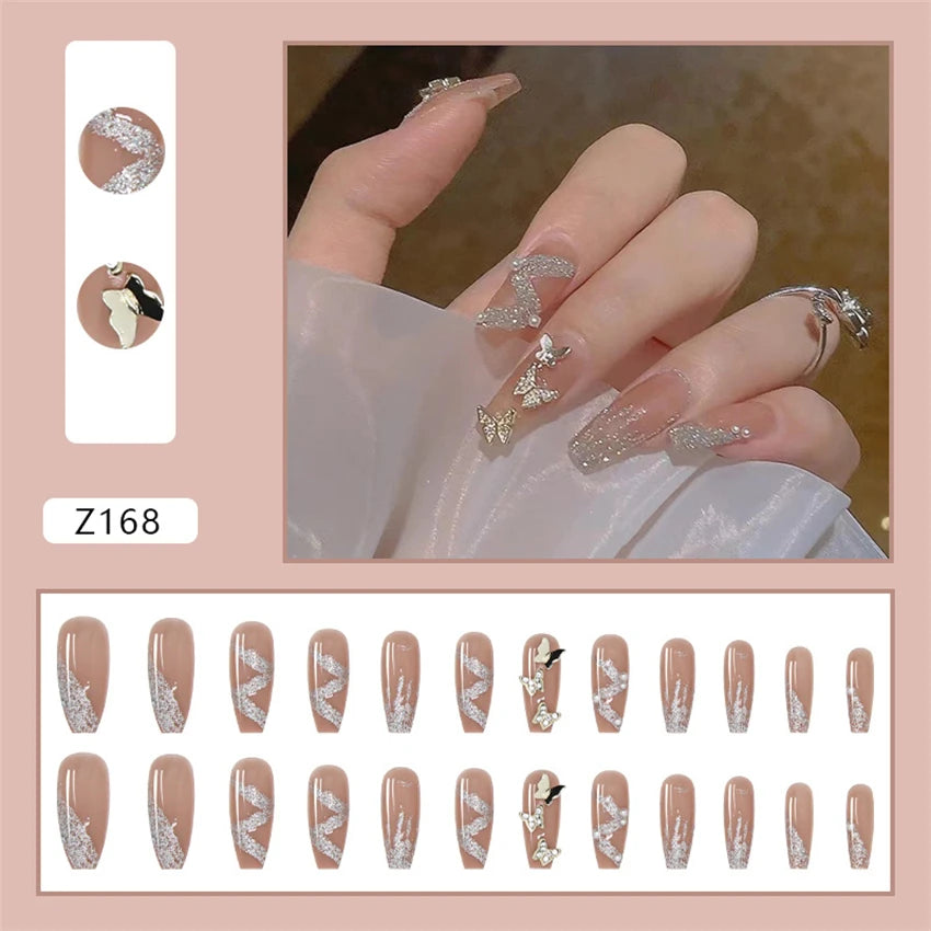 24Pcs/Set Wearing Short Fake Nails for Girls Press on Nail Tips Full Cover Acrylic with Diamonds False Nails Art Free Shipping