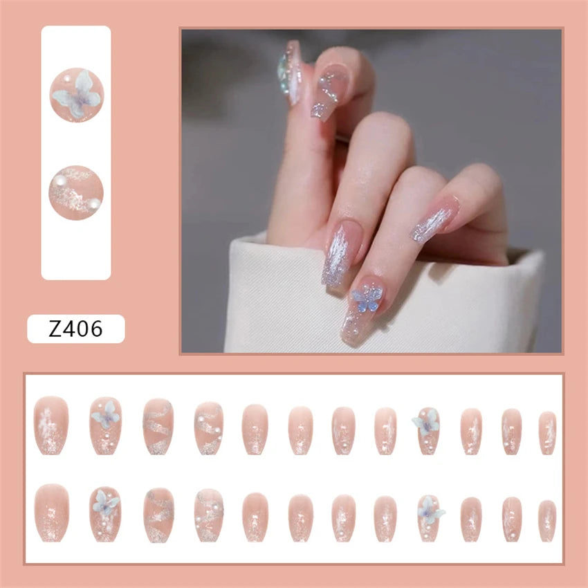 24Pcs/Set Wearing Short Fake Nails for Girls Press on Nail Tips Full Cover Acrylic with Diamonds False Nails Art Free Shipping