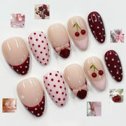 24PCS Tropical Green Polka Dots French False Nails 3D Pink Flowers with Silver Swirl Patterns Almond Press on Nails High Quality