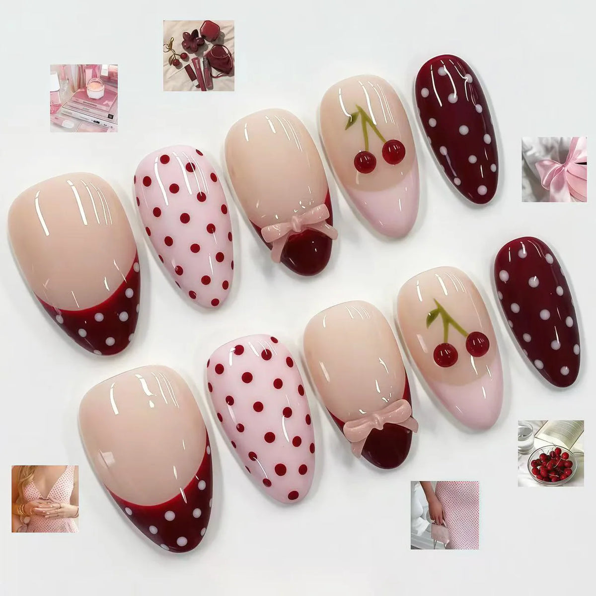 24PCS Tropical Green Polka Dots French False Nails 3D Pink Flowers with Silver Swirl Patterns Almond Press on Nails High Quality