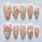 24pcs Pink Flower Almond Press on Nails Kawaii False Nails Wearable Stick-on Nails Fake Nail