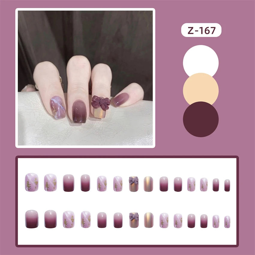 24Pcs/Set Wearing Short Fake Nails for Girls Press on Nail Tips Full Cover Acrylic with Diamonds False Nails Art Free Shipping