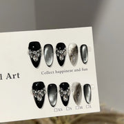 Handmade Almond Nail Art Silver Cat Eye Ink Wash Marble Sparkly Piled Rhinestone Black Chic False Nails Reusable Press on Nails