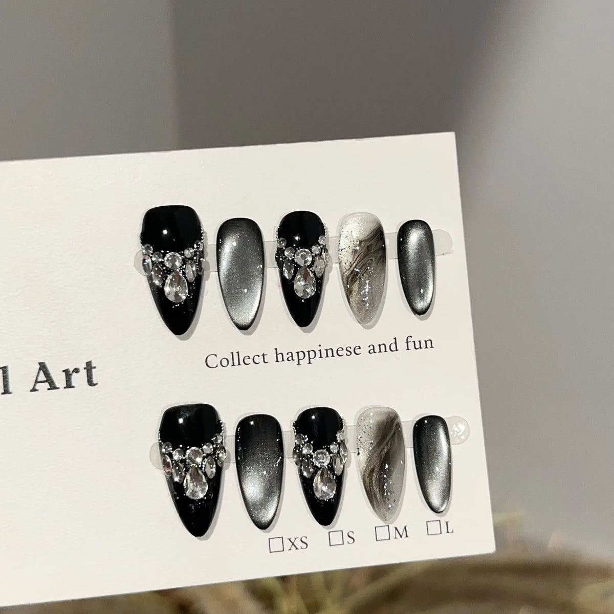 Handmade Almond Nail Art Silver Cat Eye Ink Wash Marble Sparkly Piled Rhinestone Black Chic False Nails Reusable Press on Nails