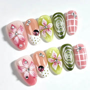 24PCS Tropical Green Polka Dots French False Nails 3D Pink Flowers with Silver Swirl Patterns Almond Press on Nails High Quality