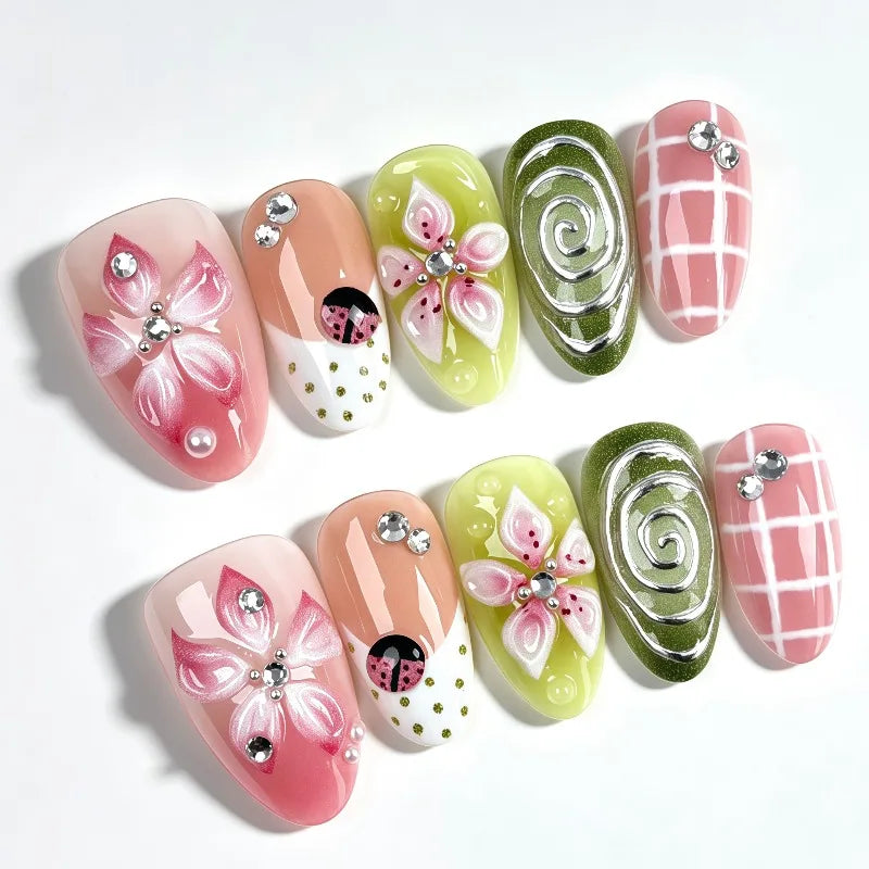 24PCS Tropical Green Polka Dots French False Nails 3D Pink Flowers with Silver Swirl Patterns Almond Press on Nails High Quality