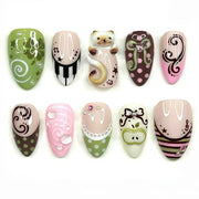 24PCS Tropical Green Polka Dots French False Nails 3D Pink Flowers with Silver Swirl Patterns Almond Press on Nails High Quality