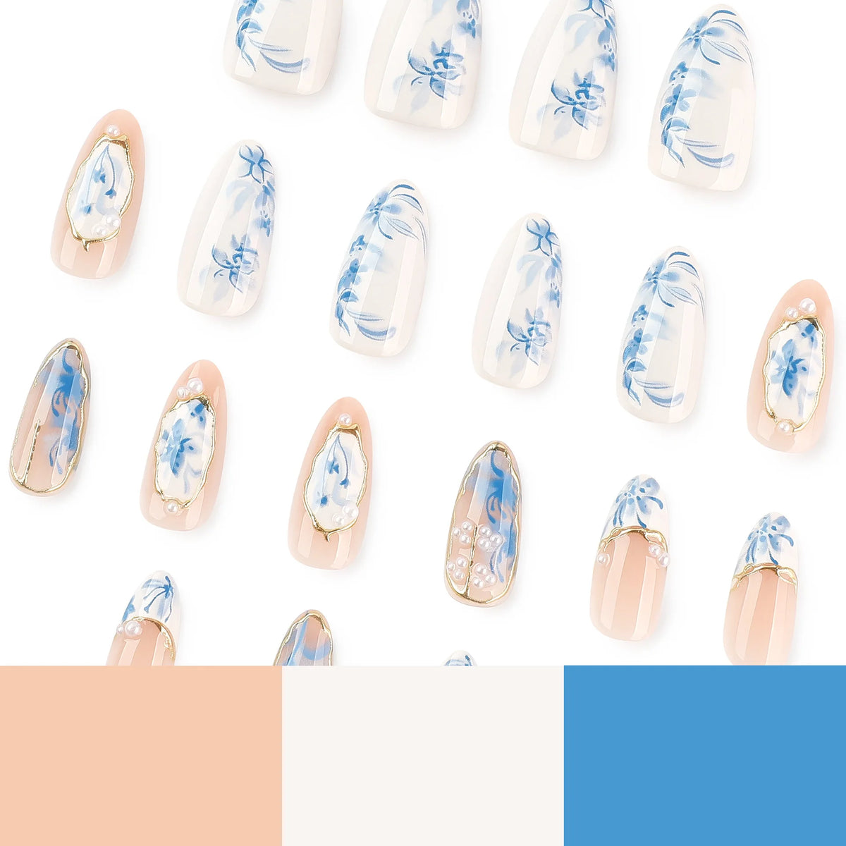 Blue Ink Wash Painting Lycoris Lily Classical Gold Curve Line Finished False Nail Press on Nail Manicure Fake Nail