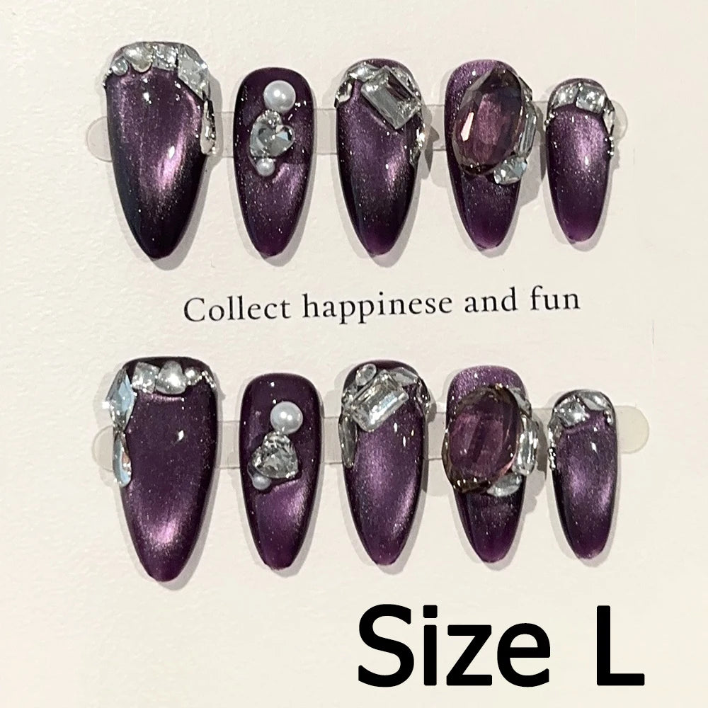 Handmade Almond Nail Art Silver Cat Eye Ink Wash Marble Sparkly Piled Rhinestone Black Chic False Nails Reusable Press on Nails