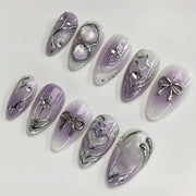 24pcs Sweet & Edgy Metallic Fake Nails 3D Silver-Plated Heart Gradient Press on Nail Almond Full Coverage Nail for Women&Girl