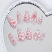 24pcs Pink Flower Almond Press on Nails Kawaii False Nails Wearable Stick-on Nails Fake Nail