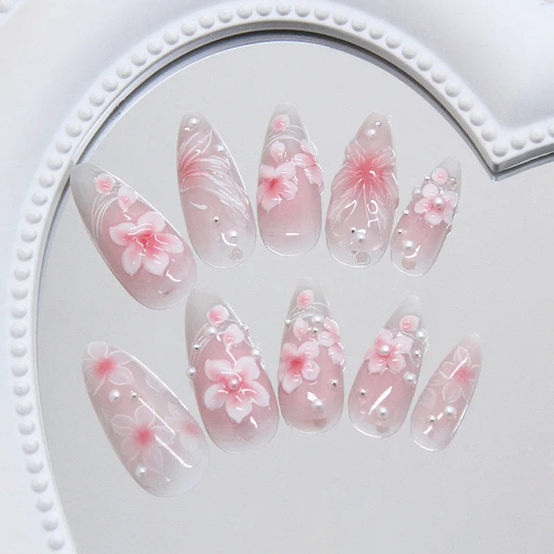 24pcs Pink Flower Almond Press on Nails Kawaii False Nails Wearable Stick-on Nails Fake Nail