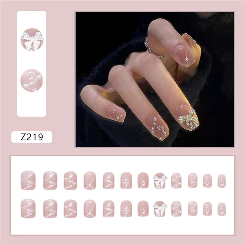 24Pcs/Set Wearing Short Fake Nails for Girls Press on Nail Tips Full Cover Acrylic with Diamonds False Nails Art Free Shipping