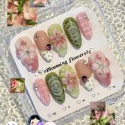 24PCS Pastoral Style Daisies Almond Press on Nails with Glue Sweet Ladybugs Green Plaid Pink Flowers French False Nails Wearable
