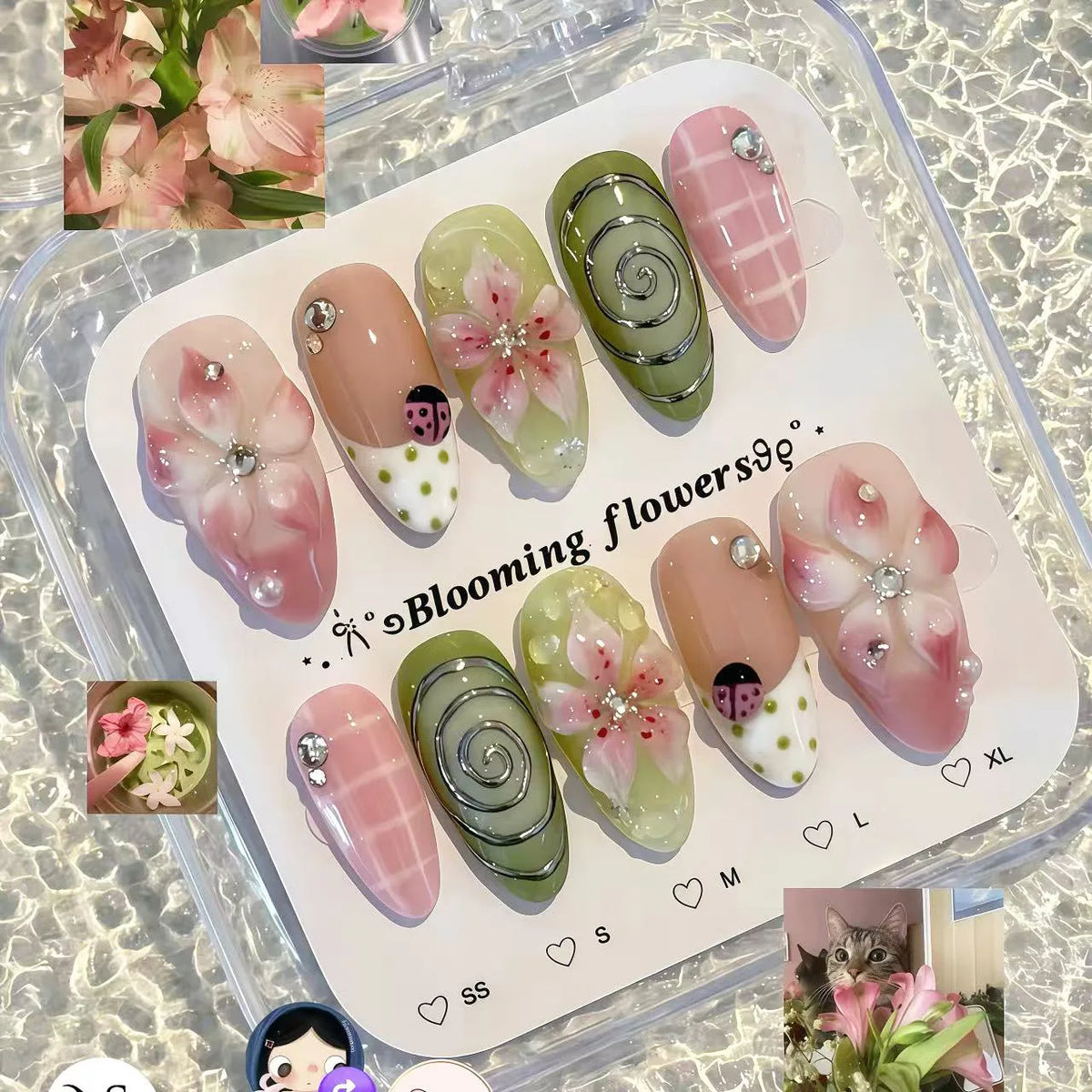 24PCS Pastoral Style Daisies Almond Press on Nails with Glue Sweet Ladybugs Green Plaid Pink Flowers French False Nails Wearable