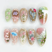 24PCS Tropical Green Polka Dots French False Nails 3D Pink Flowers with Silver Swirl Patterns Almond Press on Nails High Quality