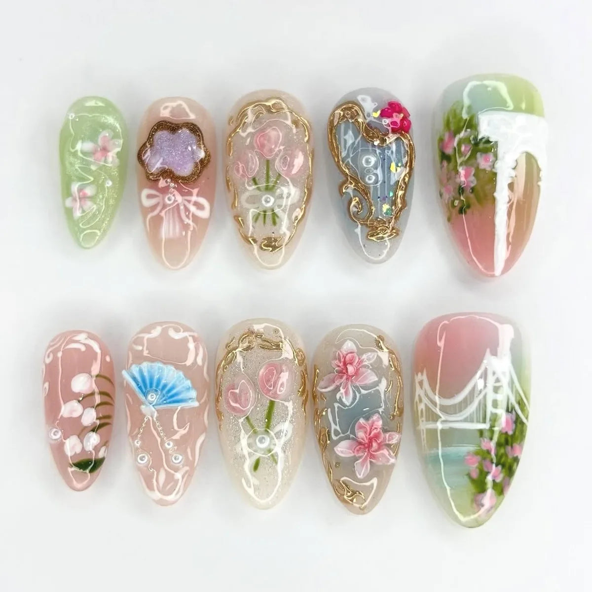 24PCS Tropical Green Polka Dots French False Nails 3D Pink Flowers with Silver Swirl Patterns Almond Press on Nails High Quality